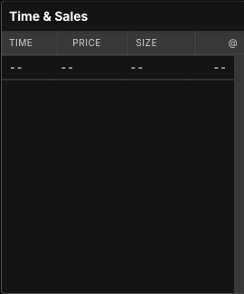 Scanz QuickView Time and Sales panel with time, price, size, and execution indicator columns