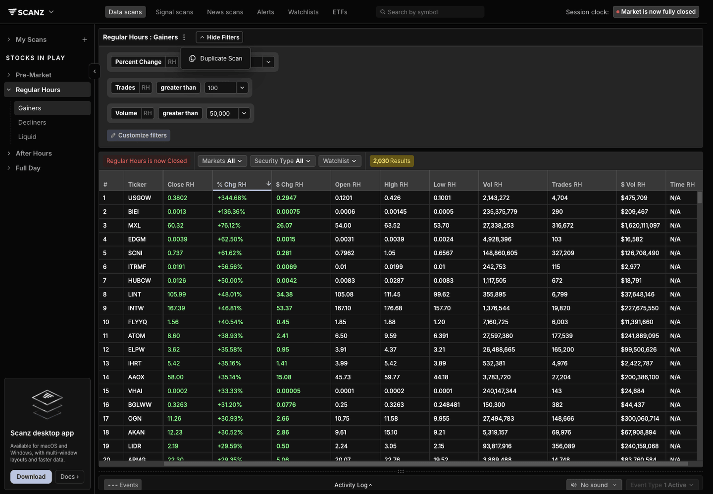 Scanz scanner Actions menu opened on an active scan