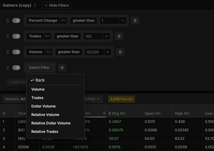 Scanz scanner filter library showing the Liquidity category with Volume, Trades, Dollar Volume, and Relative Volume options