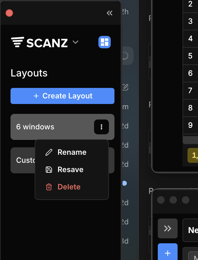 Scanz Desktop Layouts menu showing Rename, Resave, and Delete actions