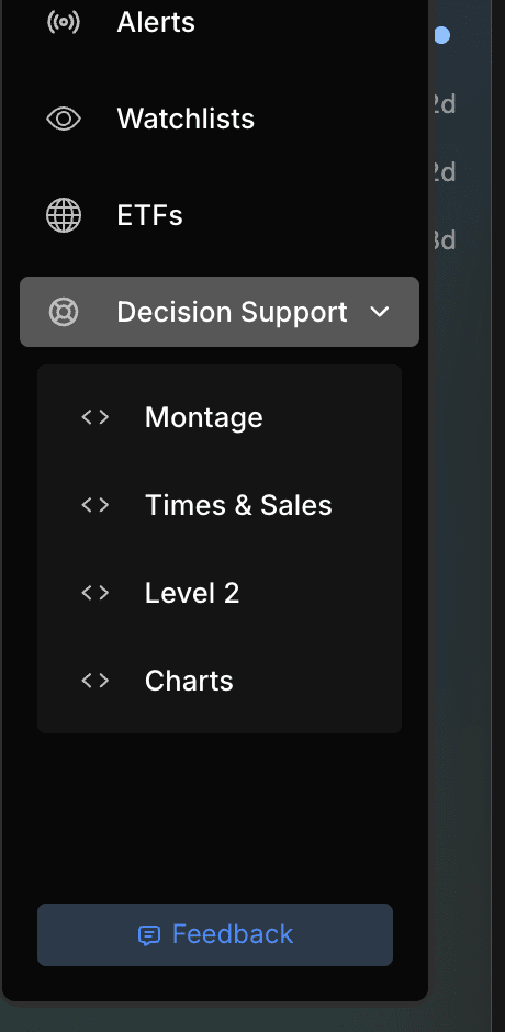Scanz Desktop Navigator showing Decision Support options for Montage, Times & Sales, Level 2, and Charts