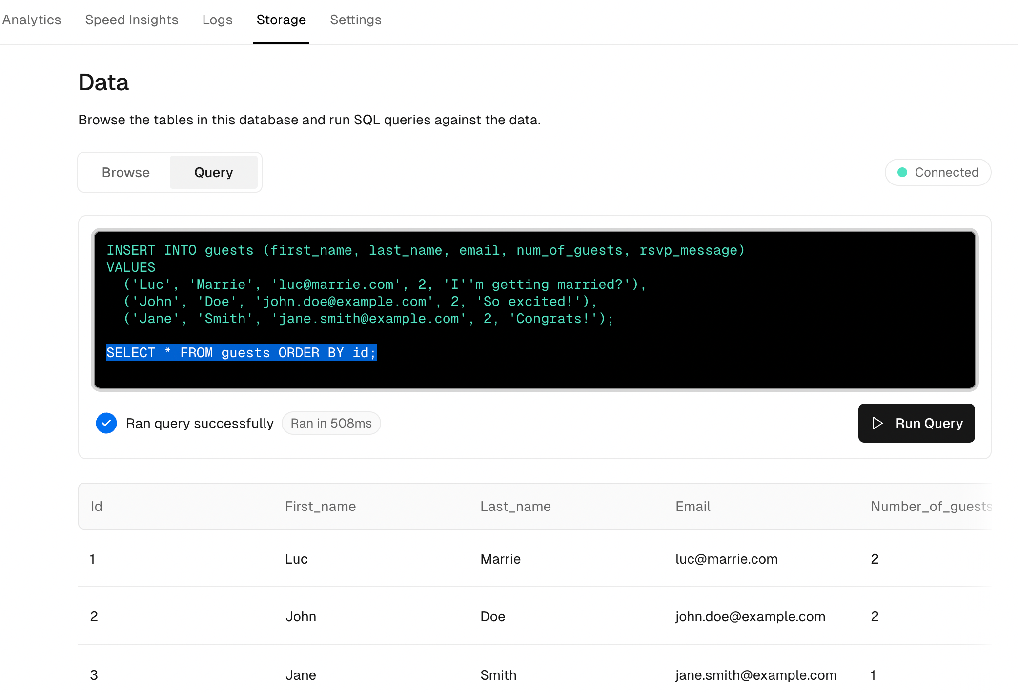 Vercel Query - Select Guests