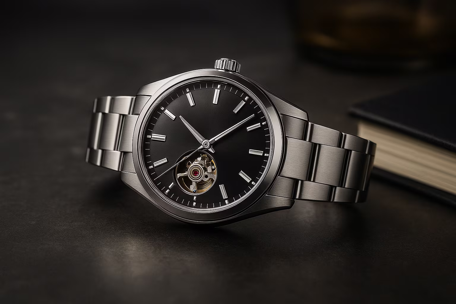 Plusieurs montres automatiques disposées sur une surface sombre en format paysage. Gros plan sur des cadrans texturés, aiguilles lumineuses et un mélange de bracelets cuir et bracelets métal, idéal pour du contenu sur montres automatiques.