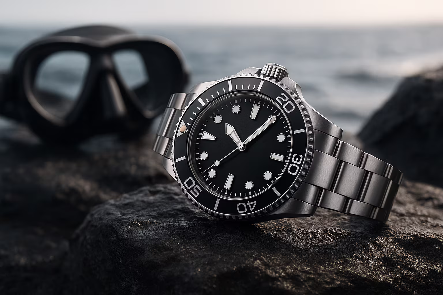 Trois montres de plongée aux lunettes tournantes marquées et cadrans lumineux, posées sur un fond sombre texturé, mettant en avant des boîtiers robustes, une construction étanche et le design classique du diver.