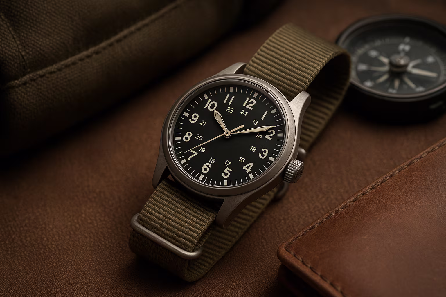 Photo paysage de montres de terrain disposées sur une surface texturée, mettant en avant des cadrans au style militaire avec chiffres arabes lisibles, aiguilles prononcées et bracelets robustes. Esthétique fonctionnelle, adaptée à l'usage extérieur ou quotidien.