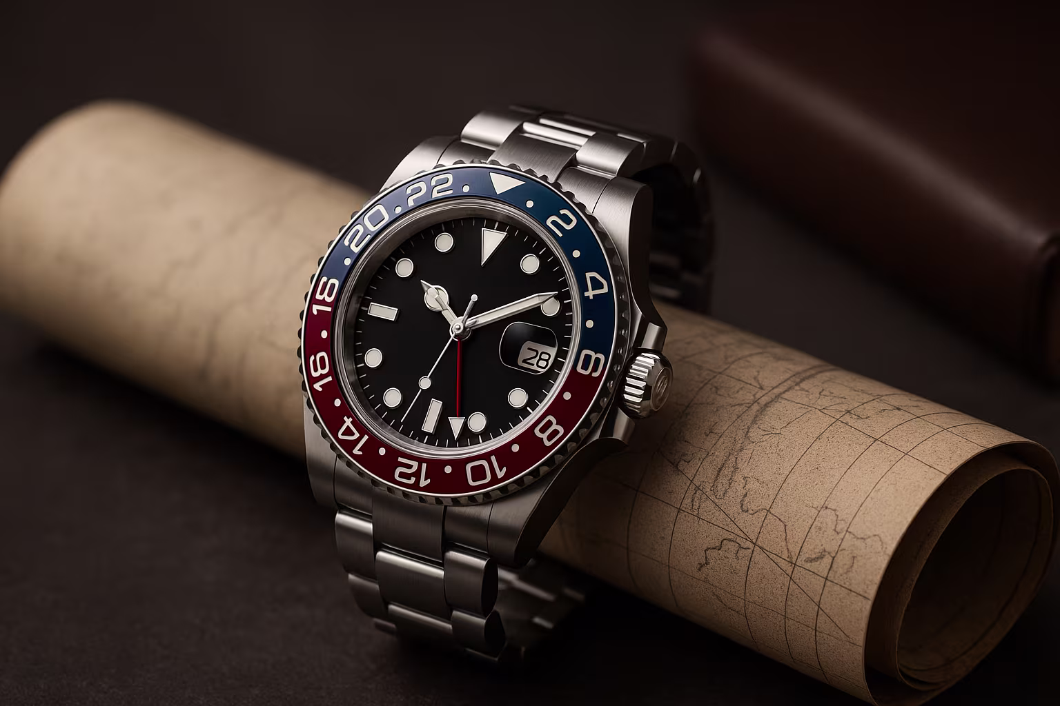 Gros plan sur plusieurs montres GMT posées sur fond neutre, mettant en avant les lunettes 24 heures, aiguilles dual-time et bracelets acier. Présente différentes couleurs de lunette et cadrans détaillés propres aux montres GMT.