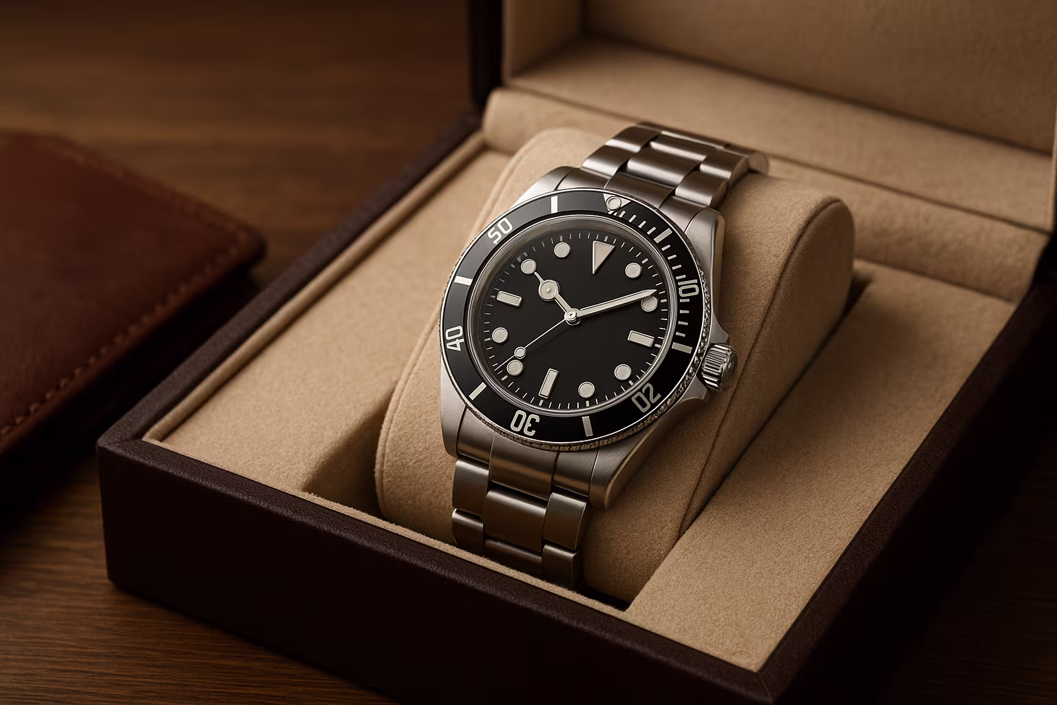 Bannière paysage montrant une disposition soignée de montres-bracelets d'occasion aux cadrans ronds, bracelets métal et cuirs sur fond neutre. Style photo produit épuré mettant en valeur montres de luxe d'occasion et collection horlogère.