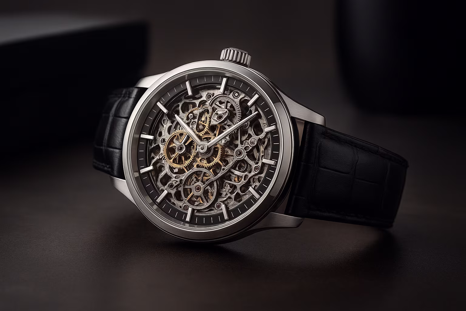 Gros plan sur le cadran d'une montre squelette mécanique, présentant roues, ponts apparents et aiguilles polies sur fond sombre. L'image met en valeur les détails du mouvement et le savoir-faire horloger.