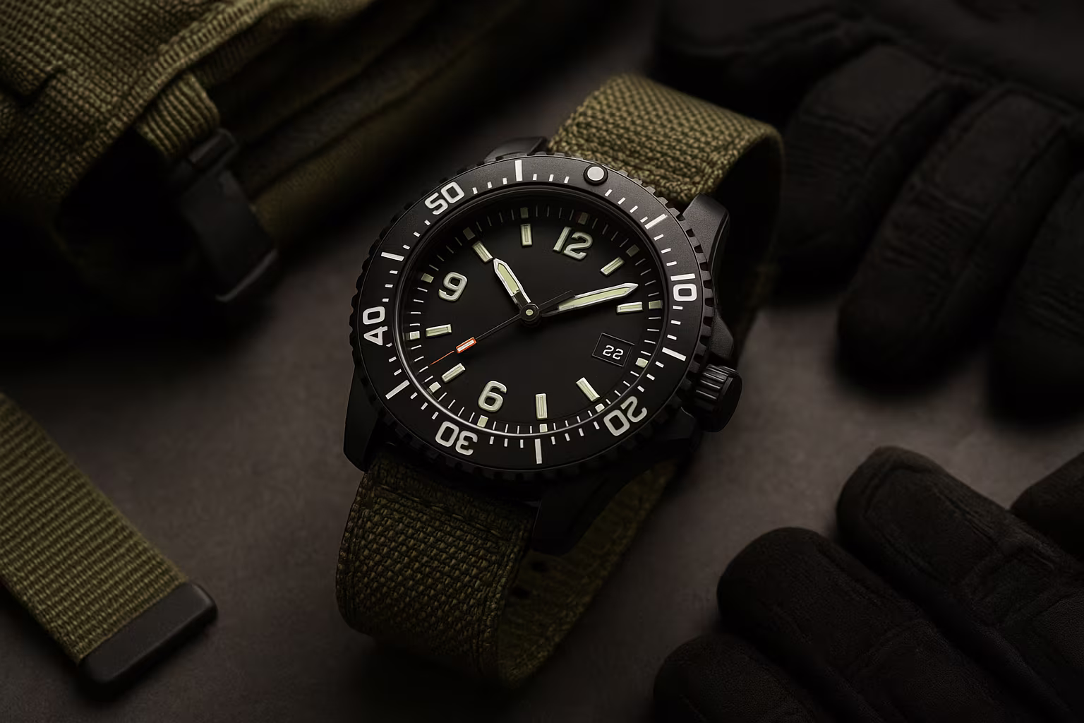 Plusieurs montres tactiques robustes disposées sur un fond sombre et texturé, présentant des boîtiers durables, bracelets noirs et cadrans bien visibles. Composition produit claire idéale pour comparatifs de montres militaires et outdoor.