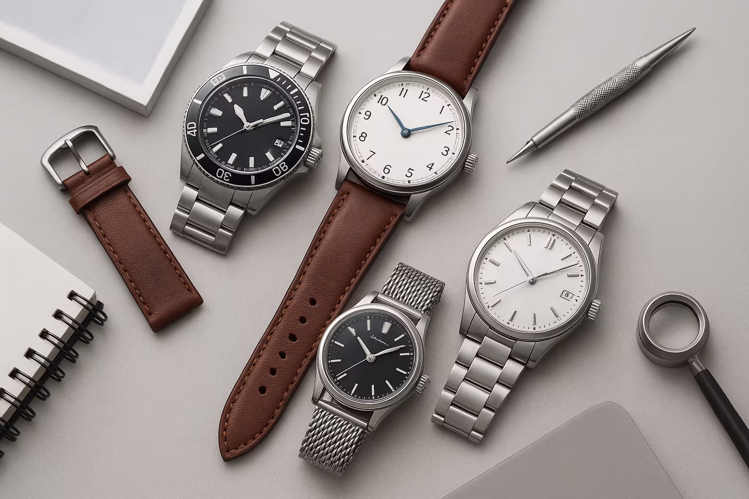 Gros plan de montres automatiques et composants horlogers : plusieurs cadrans, mouvements mécaniques visibles et bracelets disposés sur une surface neutre — image pour un guide d'achat de montres automatiques.