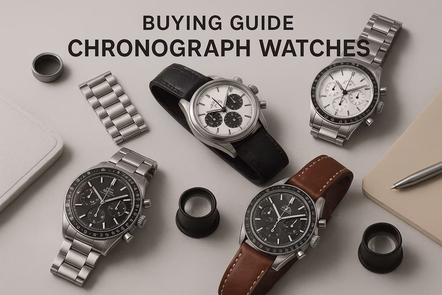 Gros plan de plusieurs montres chronographes posées sur fond sombre, mettant en valeur des cadrans à trois sous-cadrans, une lunette tachymètre et des boîtiers polis. Mélange de bracelets métal et cuir pour comparer le style.