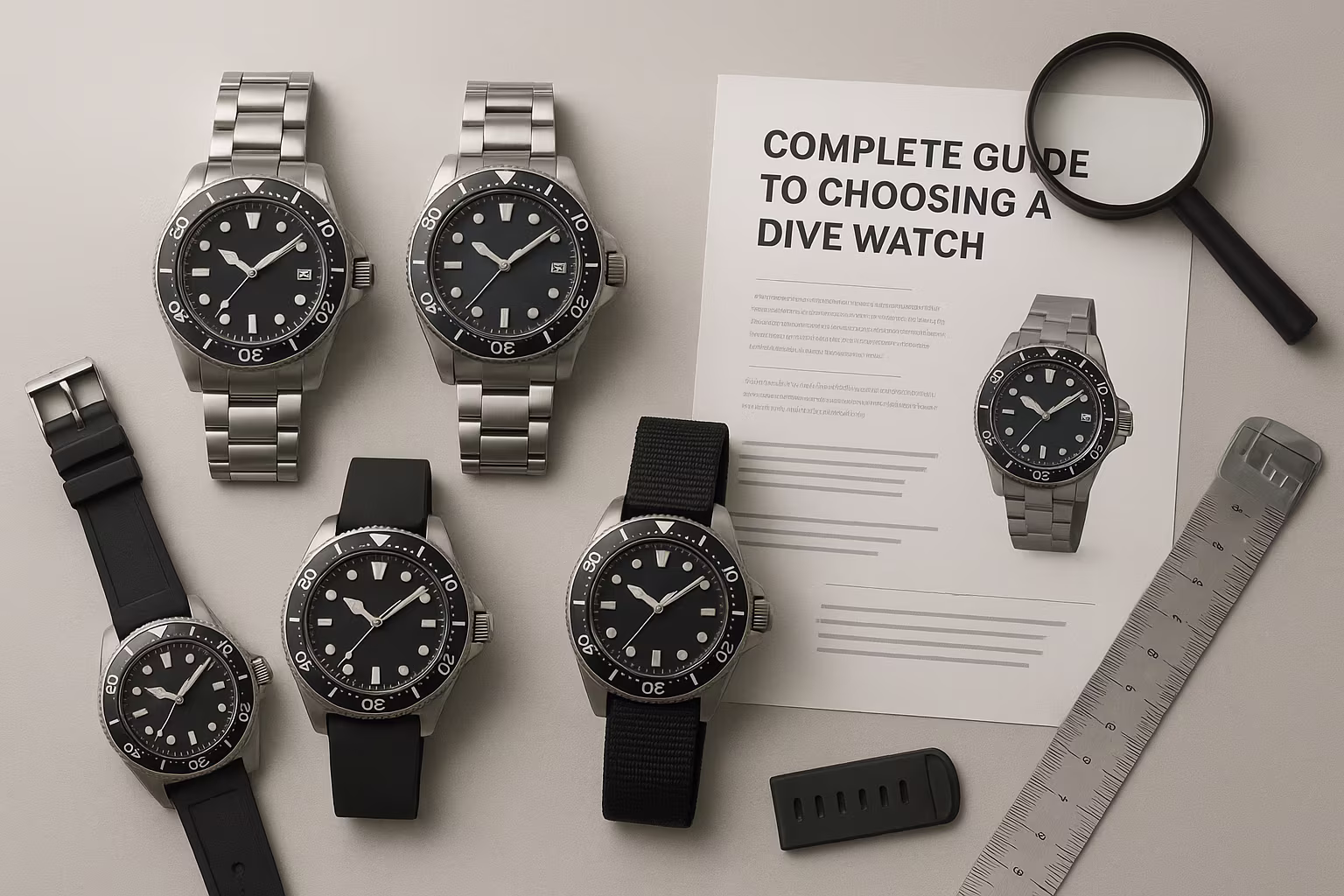 Gros plan sur plusieurs montres de plongée disposées sur une surface en bois, montrant boîtiers en acier, lunettes tournantes graduées, cadrans sombres et aiguilles luminescentes visibles. Association de bracelets métalliques et de bracelets en caoutchouc.