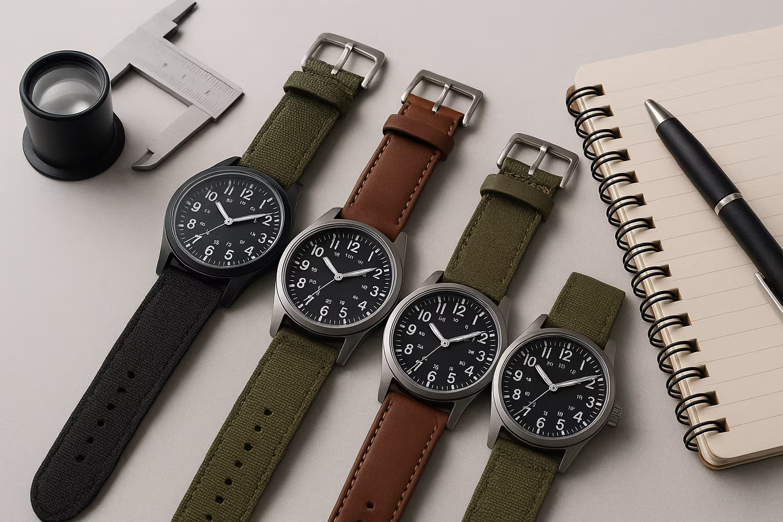 Trois montres de terrain classiques à cadrans noirs mats et chiffres blancs bien visibles, posées sur une surface en cuir marron. Bracelets en toile ou NATO, style militaire robuste, conçues pour un usage extérieur quotidien.