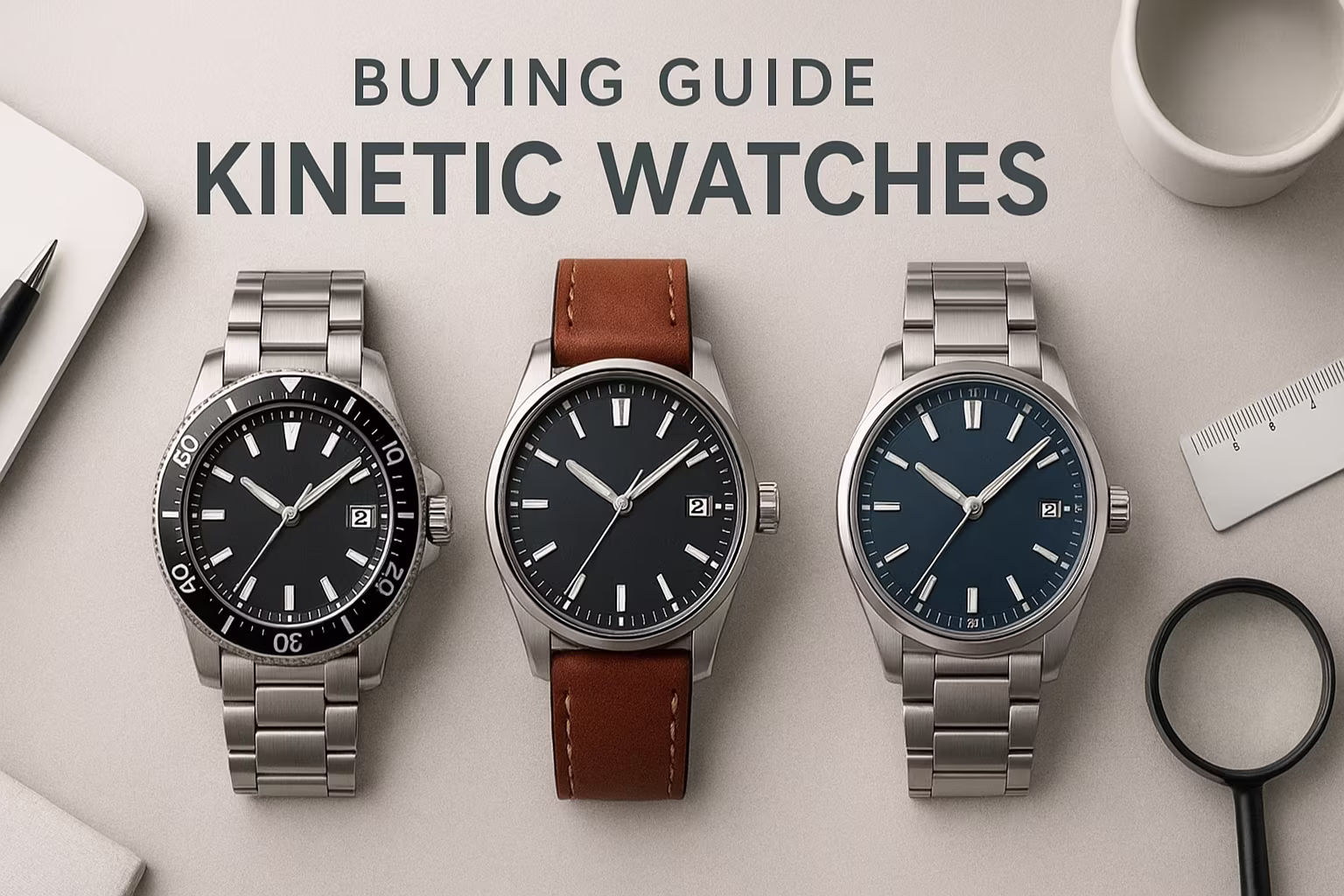 Gros plan de plusieurs montres-bracelets analogiques posées sur un fond neutre, montrant bracelets métalliques, bracelets en cuir, cadrans lisibles et lunette polie — photo produit propre et détaillée.