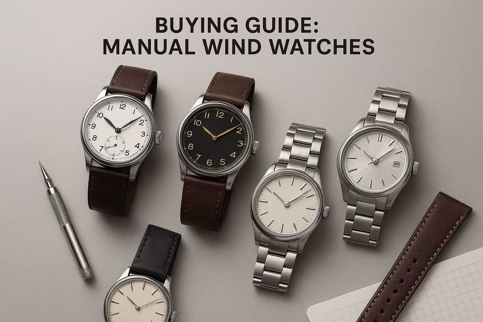 Gros plan d'une montre-bracelet à remontage manuel montrant le boîtier, la couronne, le cadran et un bracelet cuir sur fond neutre. Les index visibles et le style mécanique mettent en avant un mouvement manuel au look vintage.