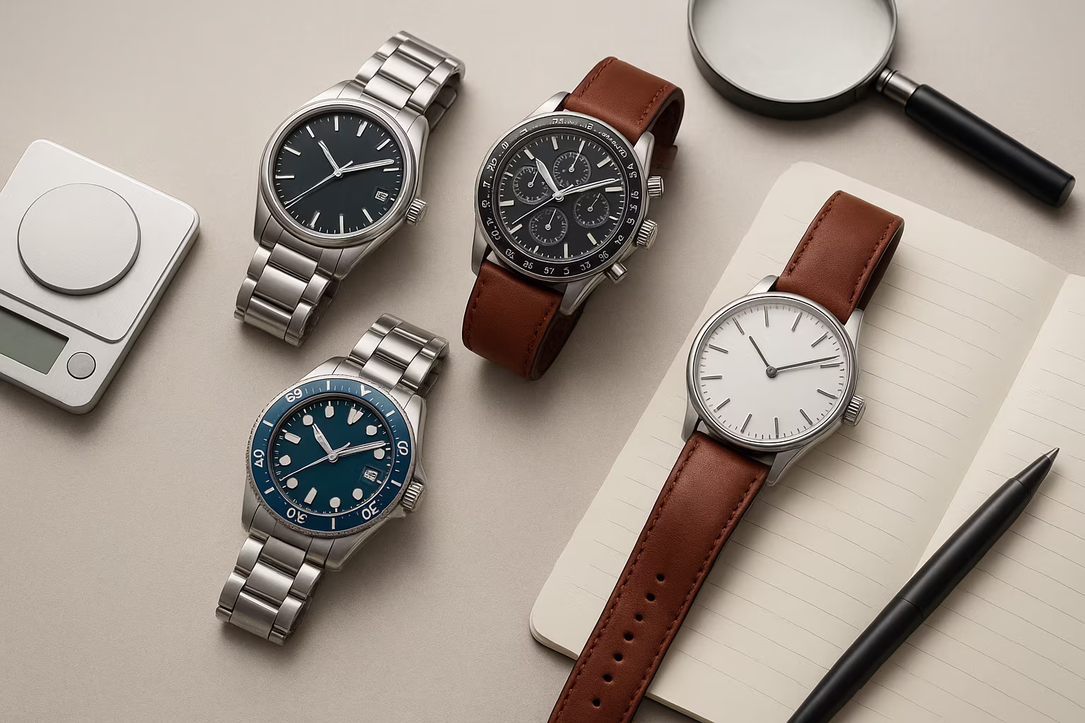 Vue à plat de plusieurs montres pour hommes sur un fond neutre, photographiées en style produit pour un guide d'achat et comparatif. Mise en scène sobre avec accessoires limités et éclairage doux pour mettre en valeur design et détails.