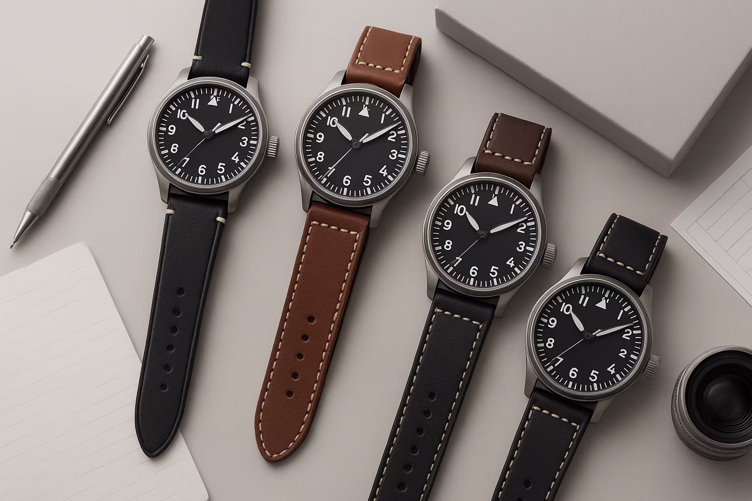 Photo en gros plan de plusieurs montres d'aviateur posées sur fond sombre, montrant de grands cadrans ronds, chiffres arabes lisibles et aiguilles prononcées. Design inspiré de l'aviation axé sur la lisibilité.