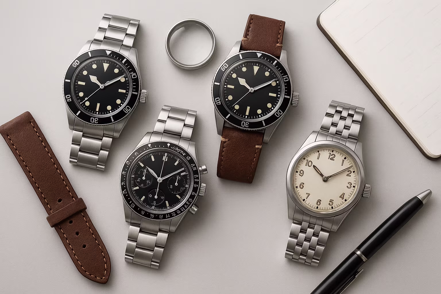 Trois montres vintage rééditées avec cadrans ronds, chiffres classiques et bracelets mêlant cuir et métal, disposées sur une surface neutre pour mettre en valeur les codes esthétiques rétro et le design d'inspiration vintage.