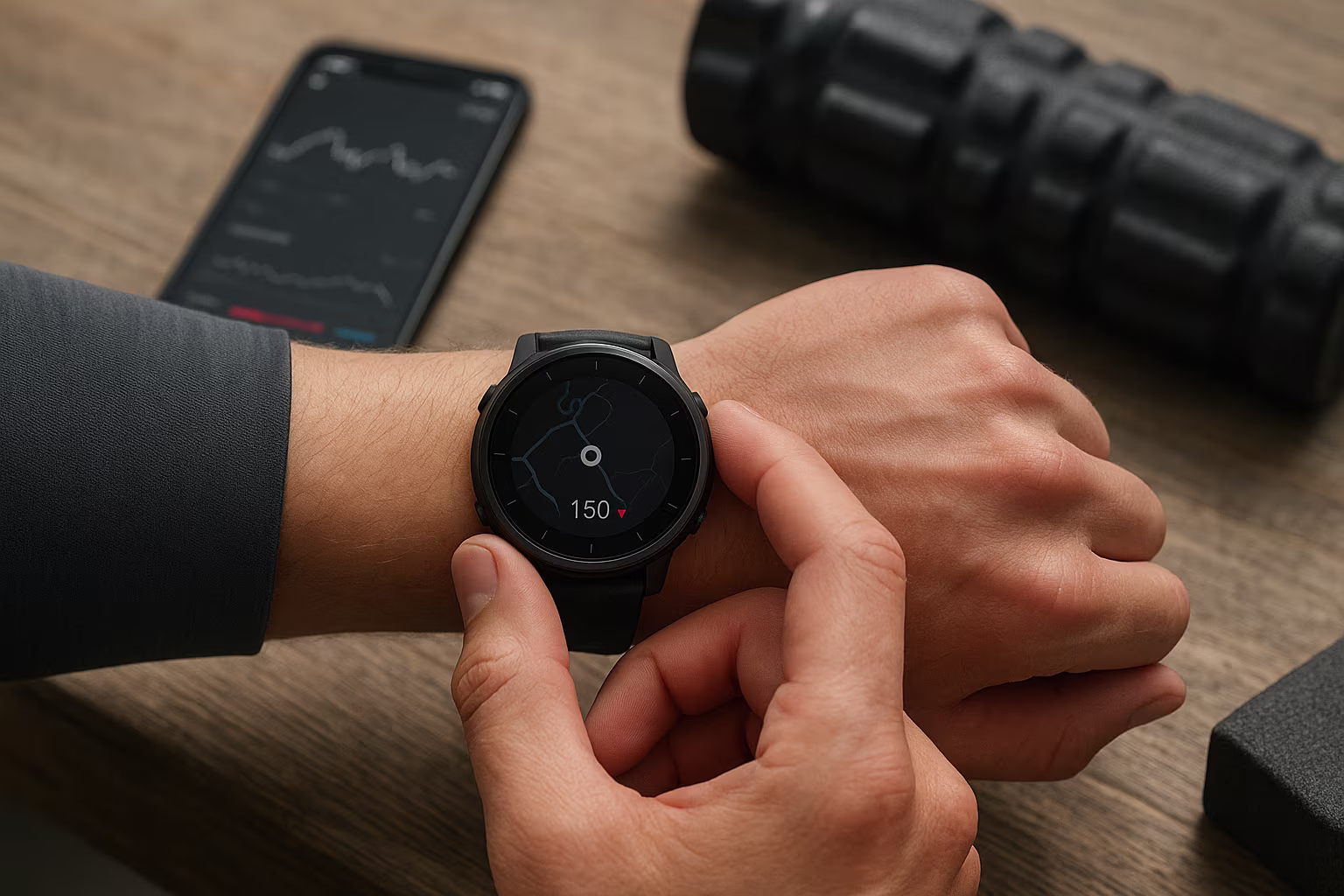 Gros plan sur plusieurs montres sport disposées sur fond sombre, avec cadrans ronds, chiffres marqués et bracelets en silicone. Photo produit épurée mettant en valeur le design robuste et l’esthétique sportive pour comparatifs outdoor et fitness.