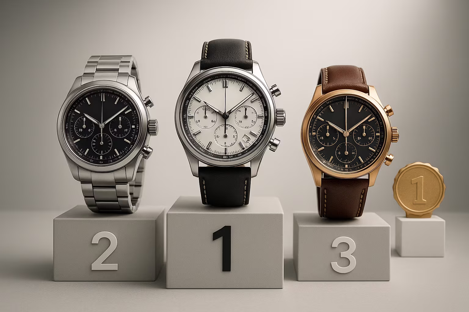 Une sélection vue de dessus de montres chronographes présentant plusieurs cadrans avec sous-cadrans, poussoirs et bracelets variés — métal et cuir — posées sur un fond neutre, idéale pour comparaison ou catalogue produit.