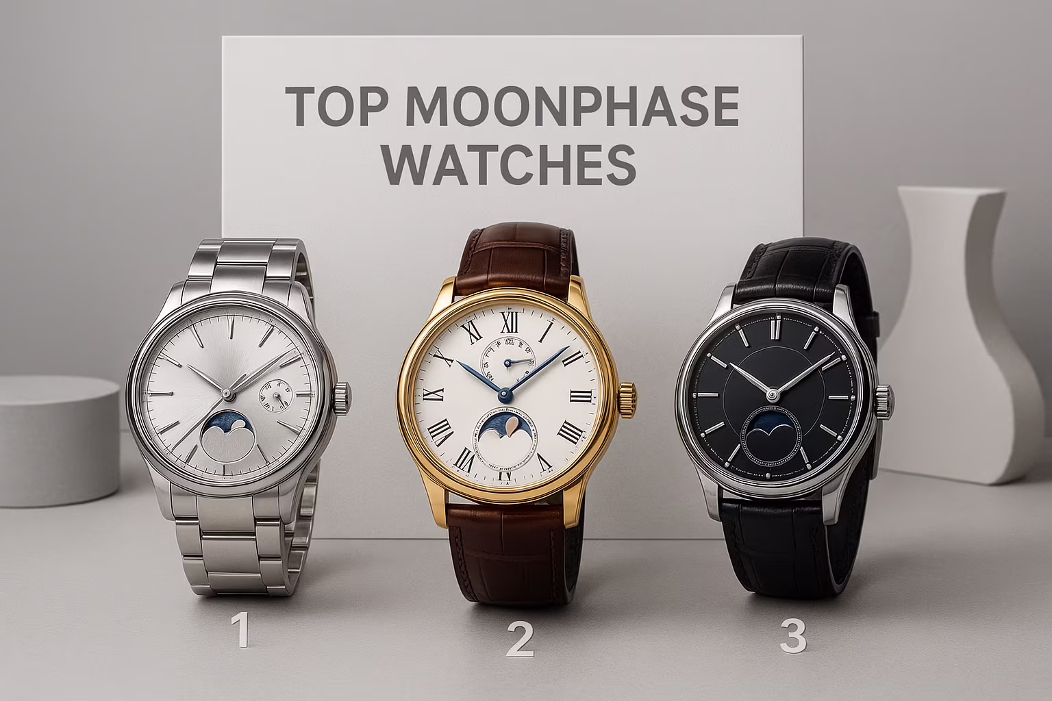 Gros plan sur plusieurs montres-bracelets avec complication phase de lune, montrant des cadrans détaillés et différents bracelets sur fond sombre — une représentation claire des designs classiques de montres à phase de lune.