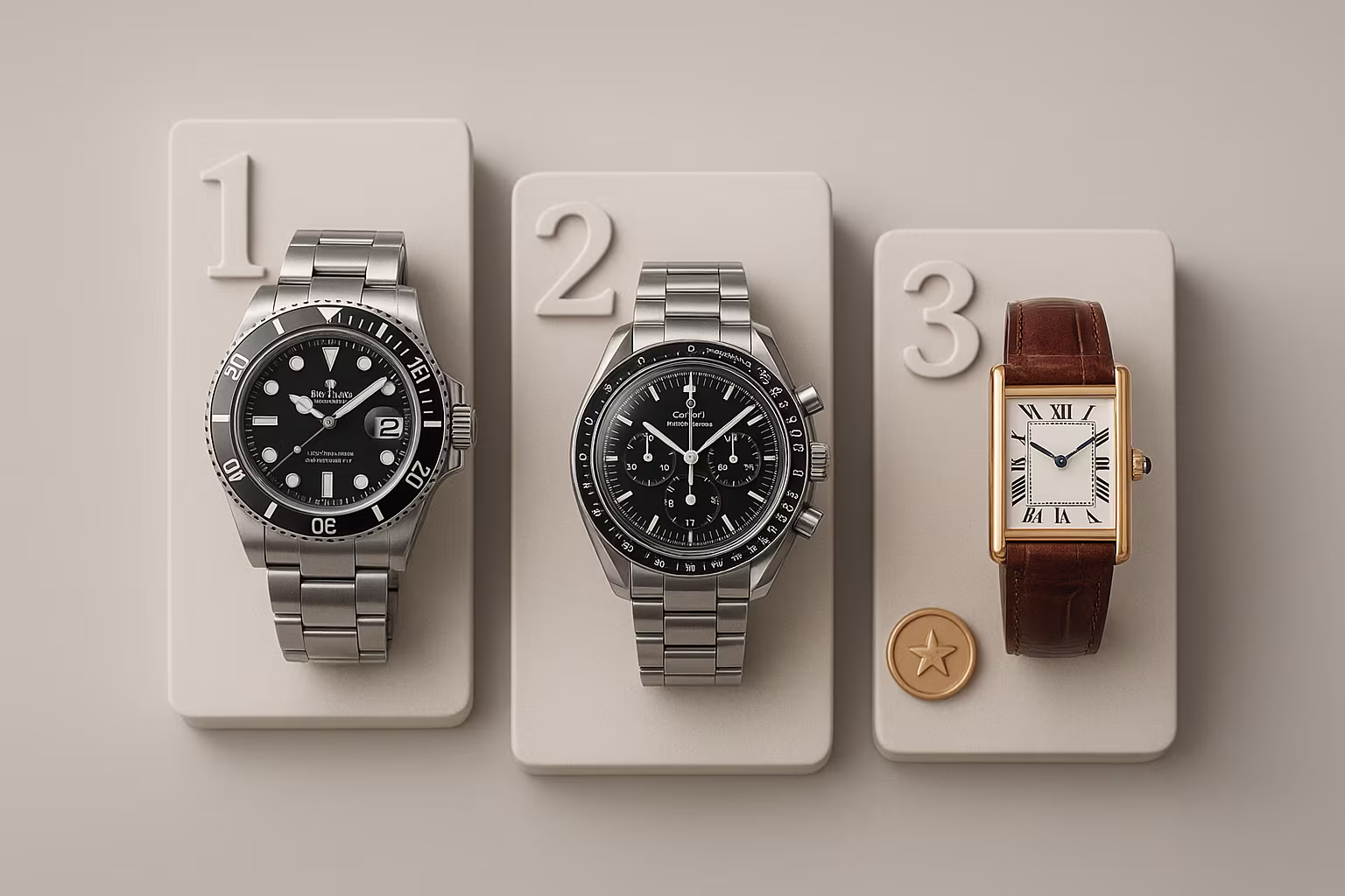 Rangée de montres-bracelets variées sur fond neutre, présentant des pièces d'occasion avec bracelets métal et cuir. Mise en scène studio sobre mettant en valeur cadrans et bracelets — visuel adapté aux annonces de montres d'occasion.