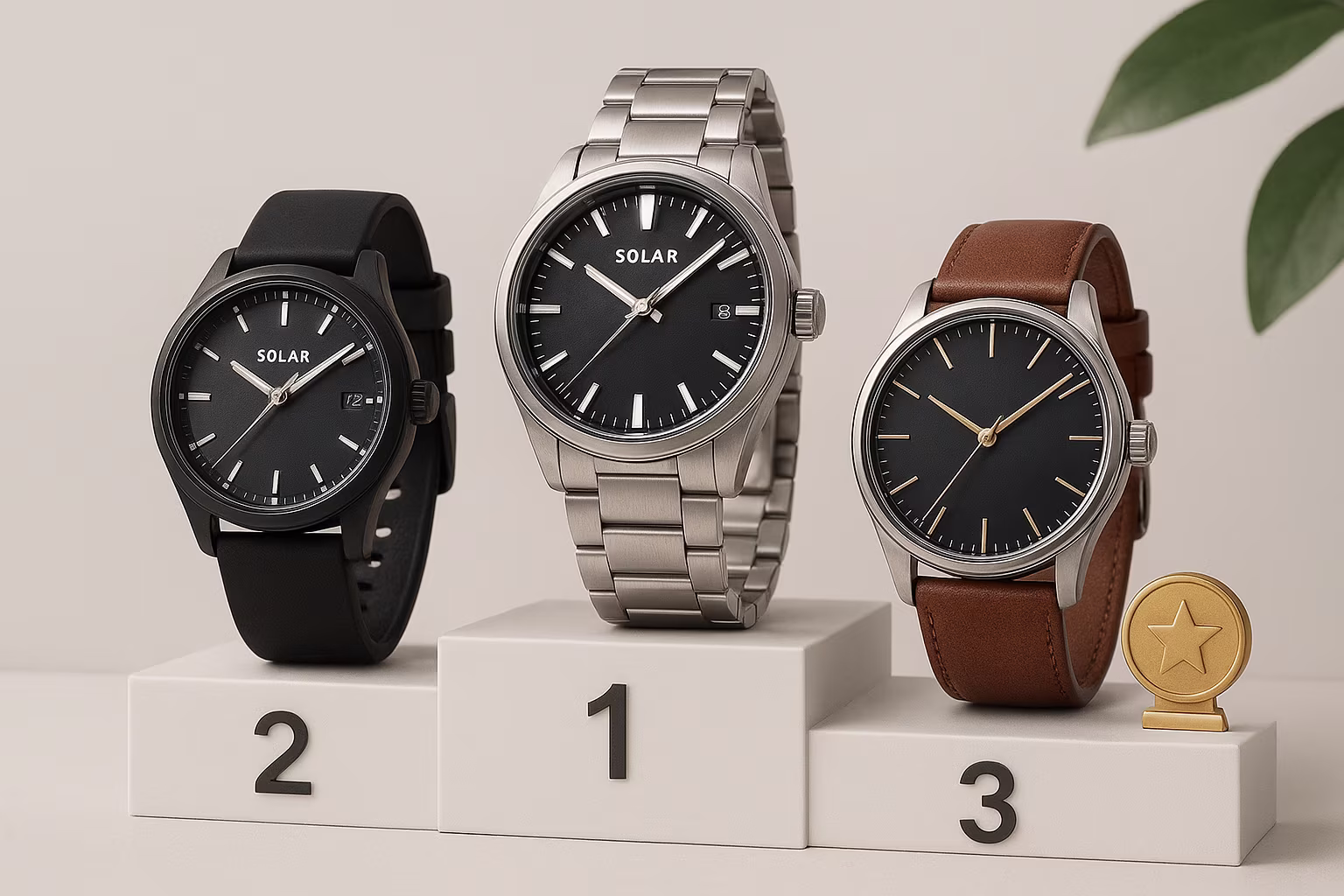 Vue plongeante d'une sélection de montres-bracelets posées sur un fond neutre, affichant cadrans analogiques, bracelets métal et cuir et reflets ensoleillés — image produit épurée pour comparer montres solaires.