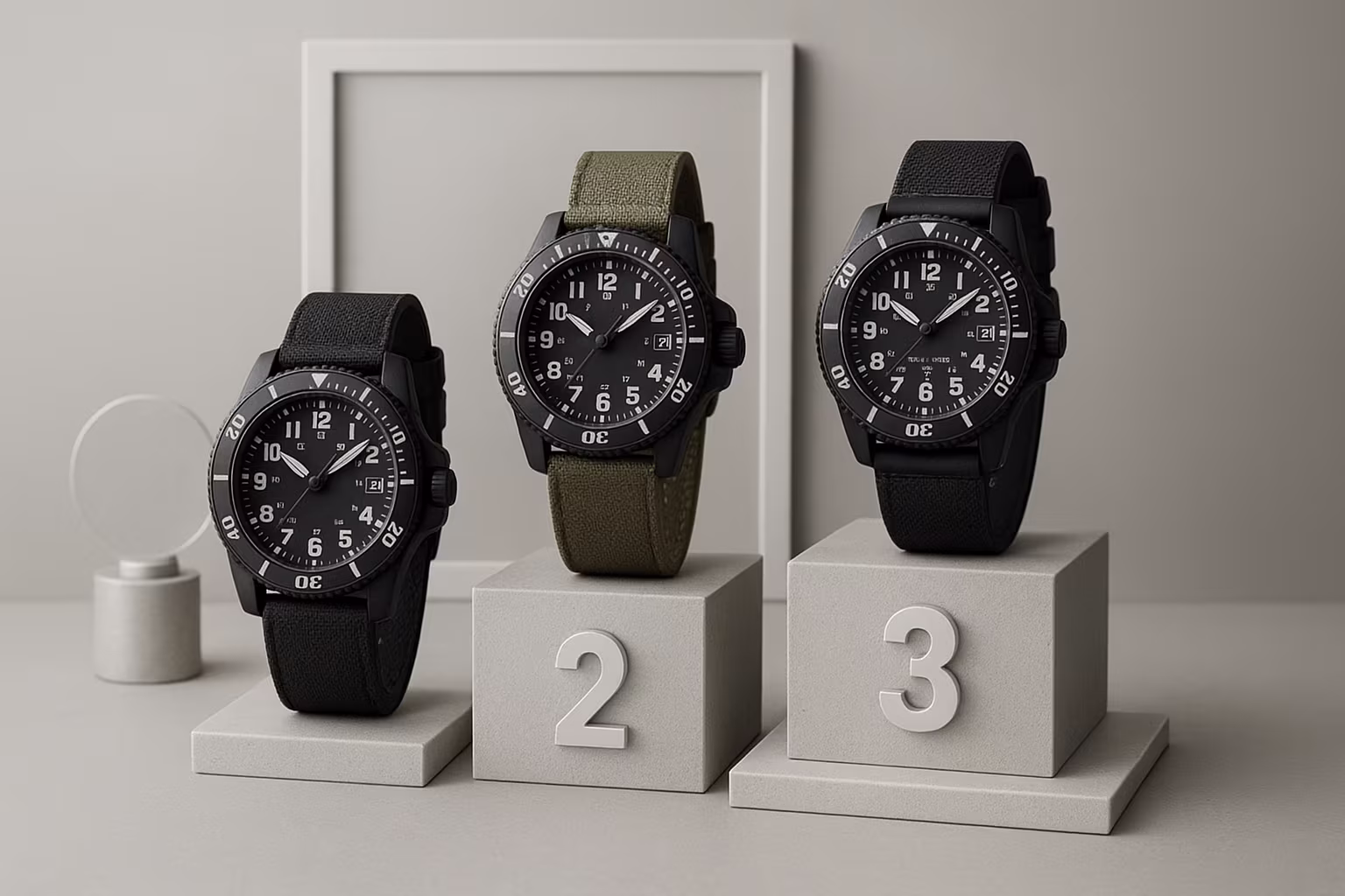 Montres tactiques variées — analogiques, numériques et hybrides — disposées sur un fond sombre, mettant en valeur boîtiers robustes, lunettes texturées et bracelets résistants en nylon et caoutchouc. Présentation claire de montres style militaire.