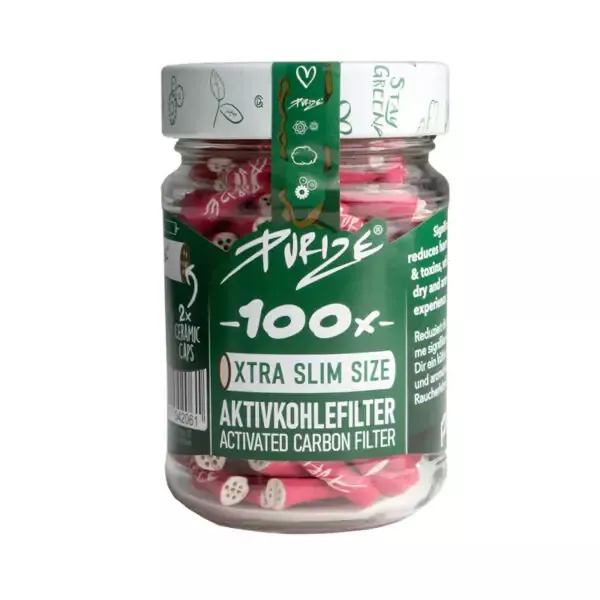 100 PURIZE XTRA Slim Size im Glas Aktivkohlefilter Pink