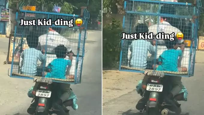 Middle Class Jugaad Gone Wild! Man Carries Kids in Chicken Cages on Bike