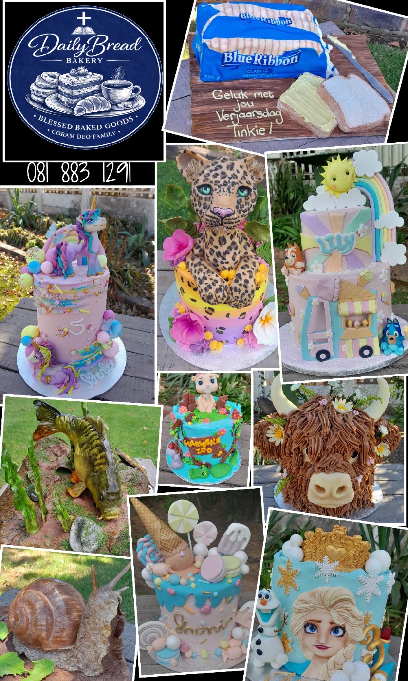 The picture above shows multiple cake and suger toppers made by Daily bread bakery Cakes by a baker in Sasolburg