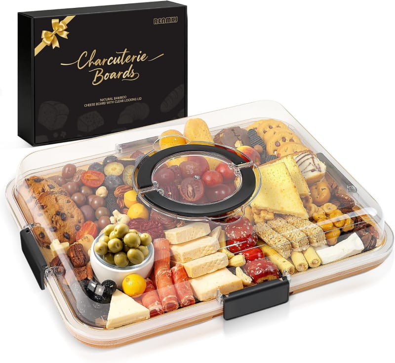 6-Compartment Bamboo Charcuterie Board with Clear Lid