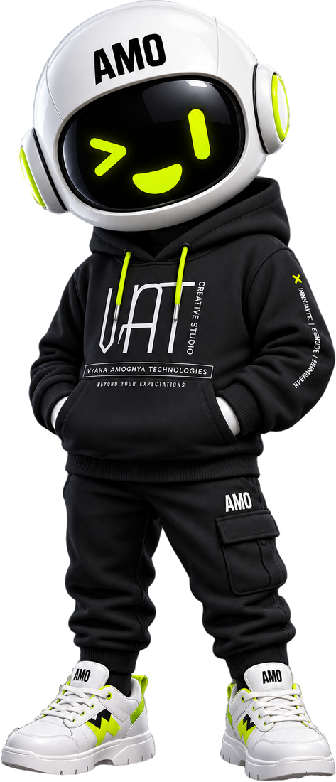 AMO, Amoghya's character, winking, hands in the pockets of a VAT hoodie