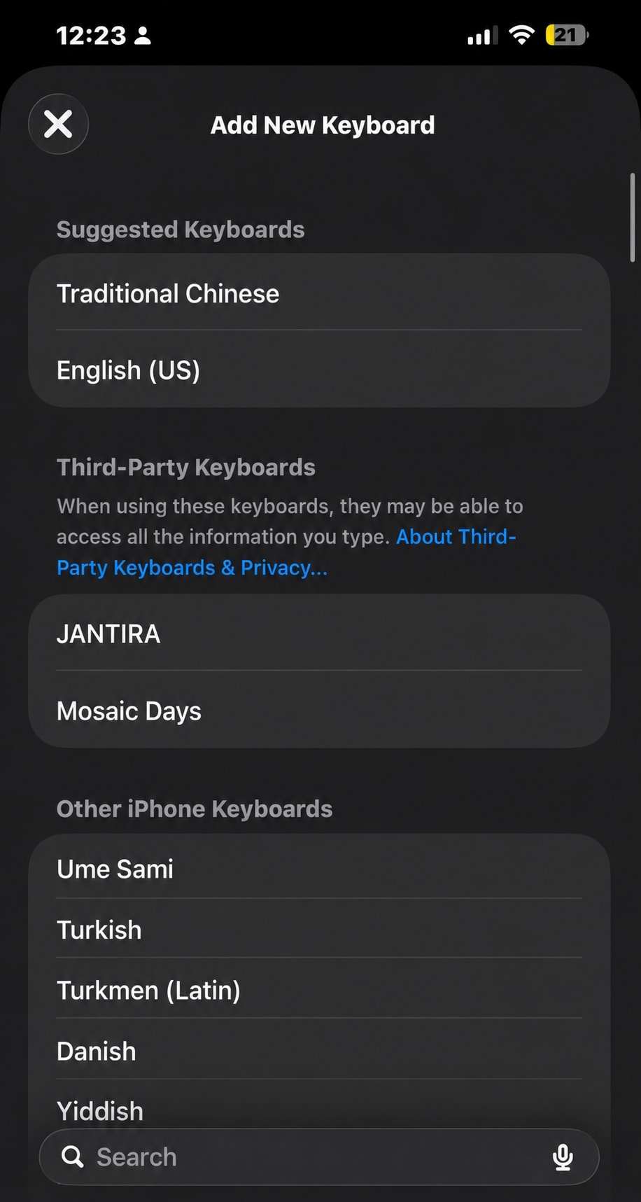Adding a new keyboard on iPhone – Settings screen