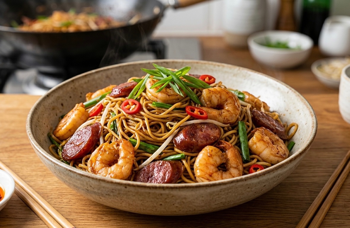 Savory Wok-Fried Noodles with Chinese Sausage and Shrimp