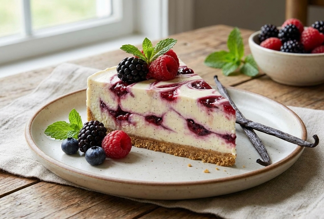 Velvety No-Bake Vanilla Bean Cheesecake with Berry Swirl