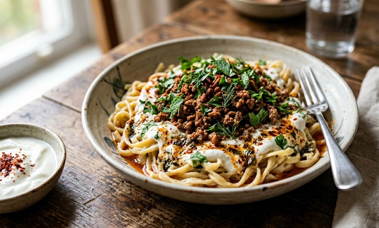 Spiced Lamb & Yogurt Noodles with Herbed Butter - Turkish Pasta Recipe