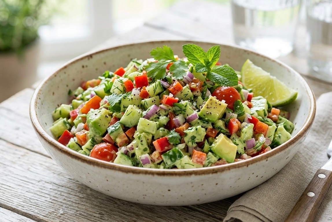 Vibrant Herb-Infused Chopped Salad with Creamy Avocado-Lime Dressing