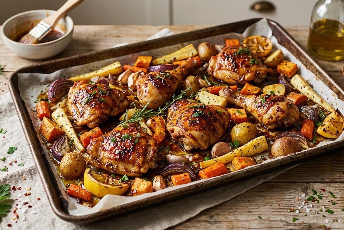Sheet Pan Spicy-Sweet Glazed Chicken with Roasted Root Vegetables