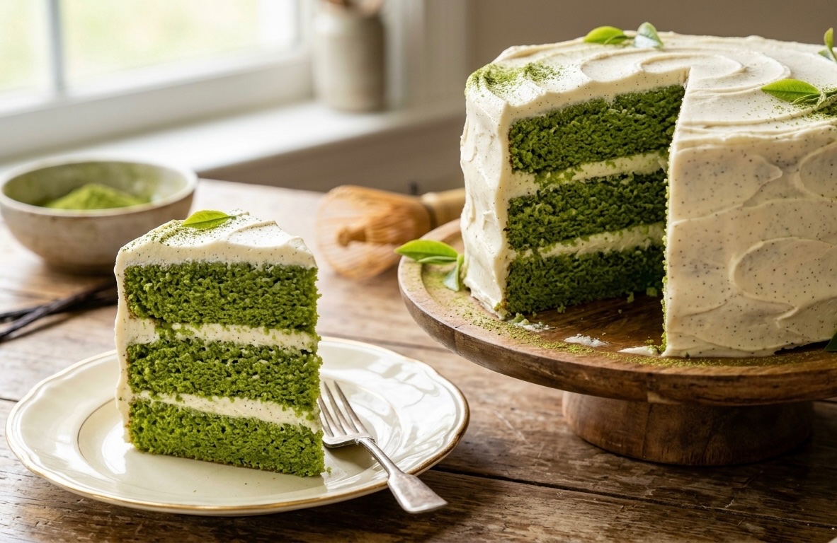 Vibrant Matcha Layer Cake with Vanilla Bean Frosting