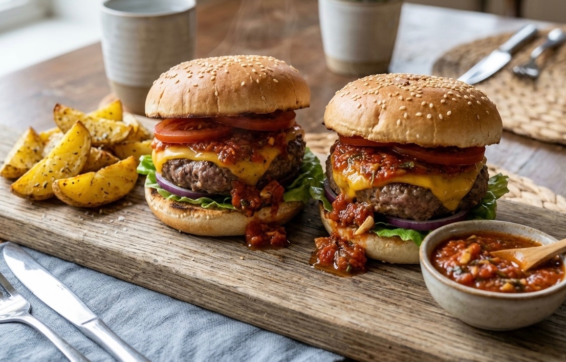 Juicy Steamed Burgers with Savory Tomato Garlic Sauce