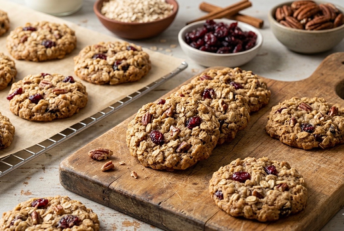 Chewy Spiced Oatmeal Cookies with Cranberries and Pecans