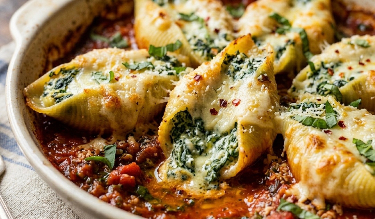Creamy Spinach and Three-Cheese Stuffed Shells with Marinara