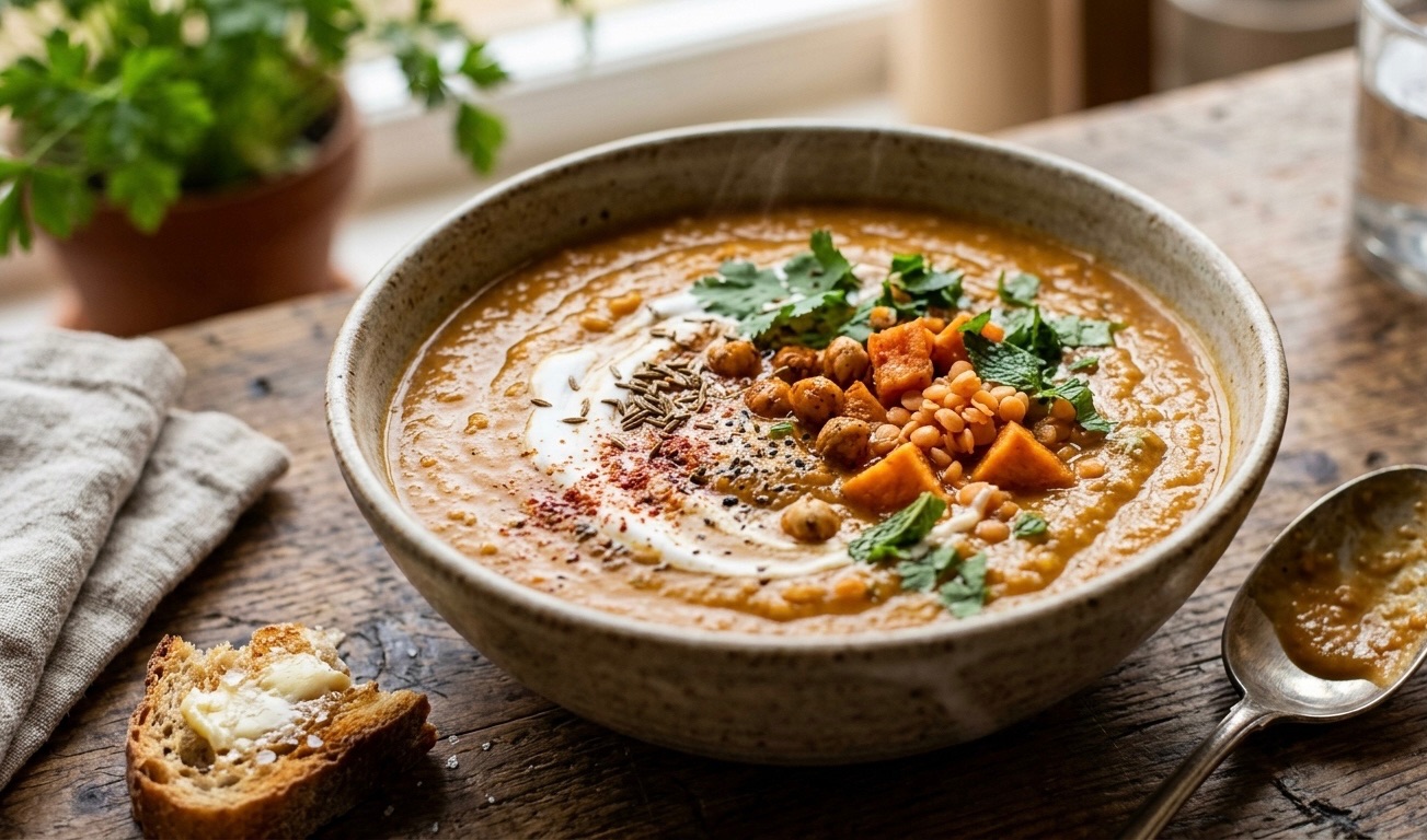 Velvety Spiced Lentil and Sweet Potato Bisque