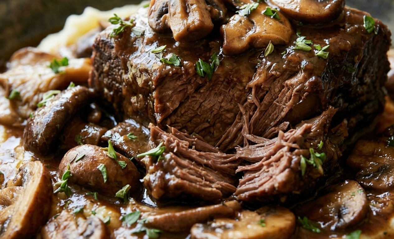 Tender Braised Beef & Savory Mushroom Reduction