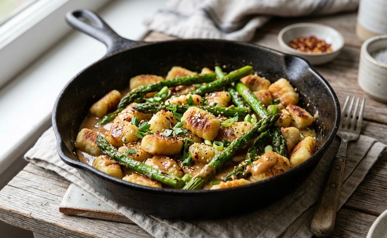Crispy Skillet Gnocchi with Miso Butter and Asparagus