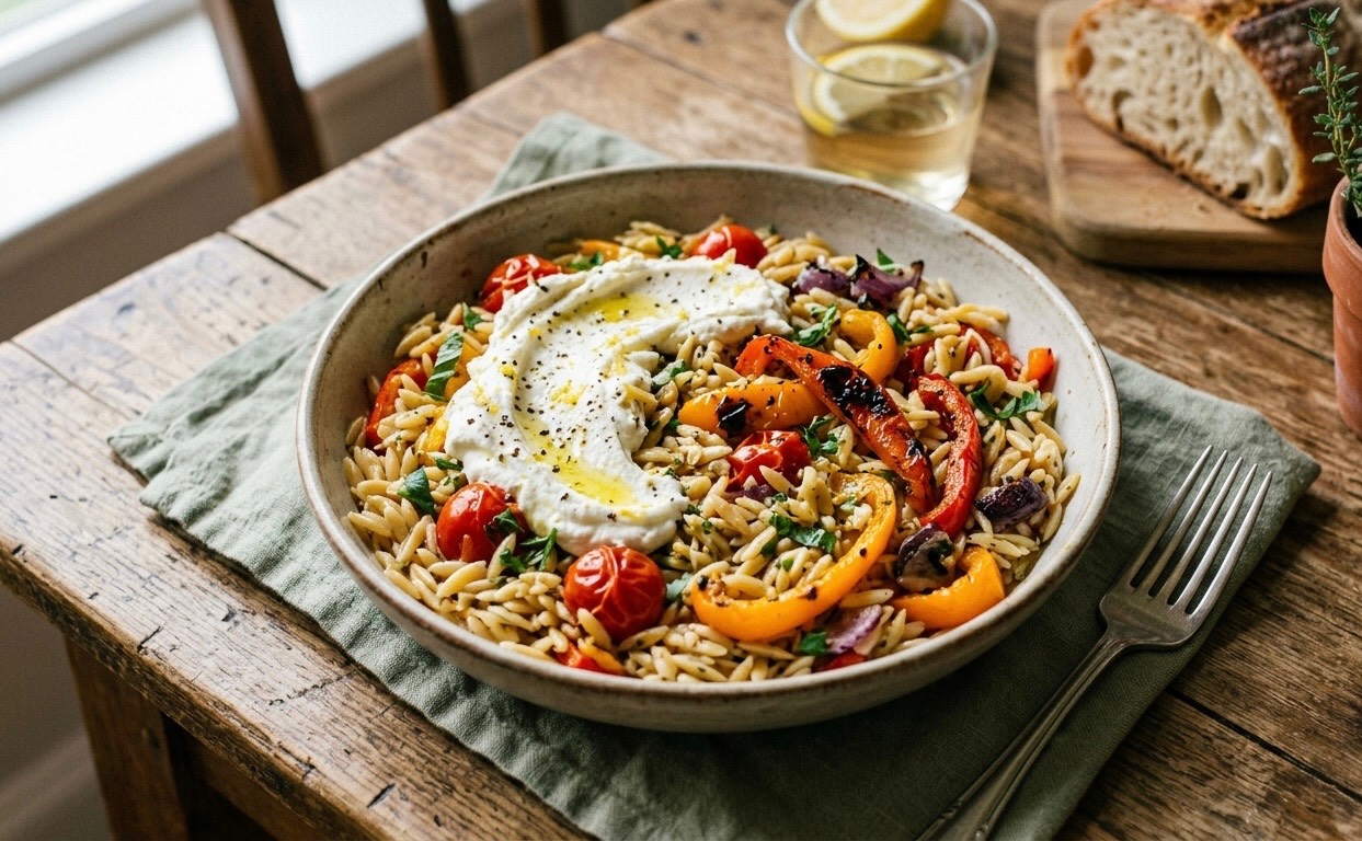 Sun-Kissed Orzo with Whipped Goat Cheese and Charred Peppers