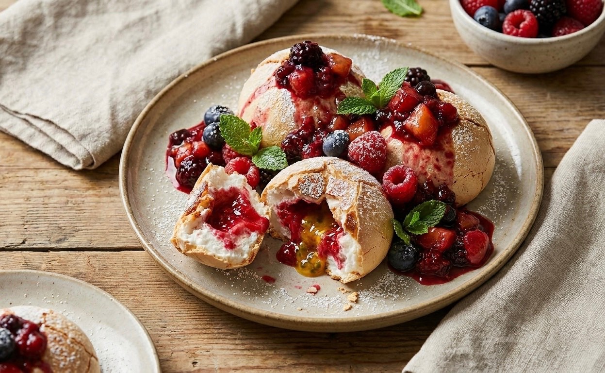 Hidden-Center Meringue Spheres with Fruit Compote