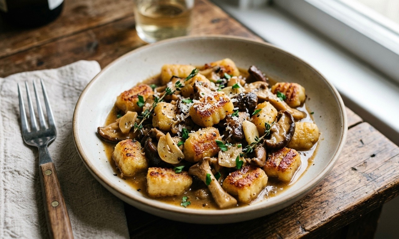 Miso-Garlic Mushroom Crispy Gnocchi