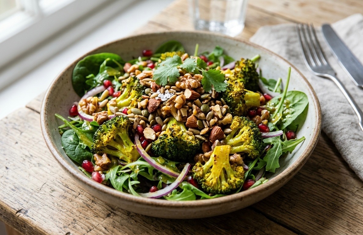Golden Spiced Broccoli and Toasted Nut Crunch Salad